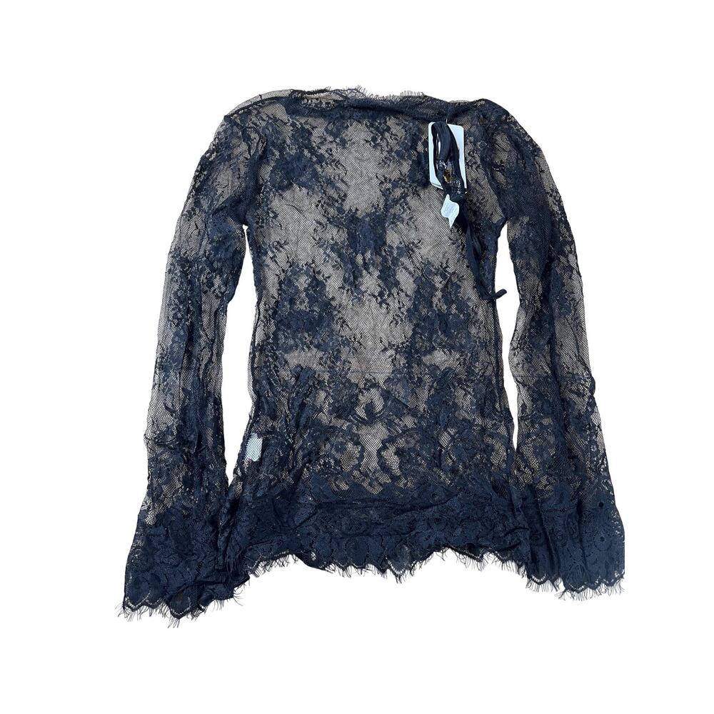Shirley Top Womens S Black Lace Sheer Long Sleeve Scallop Hem Clubwear